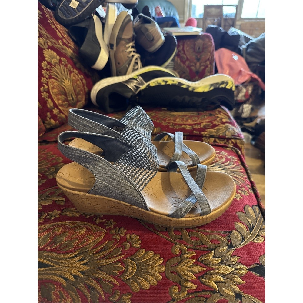 Skechers Beverlee High Tea Strappy Slingback Wedge Sandals Denim Blue Sz 10